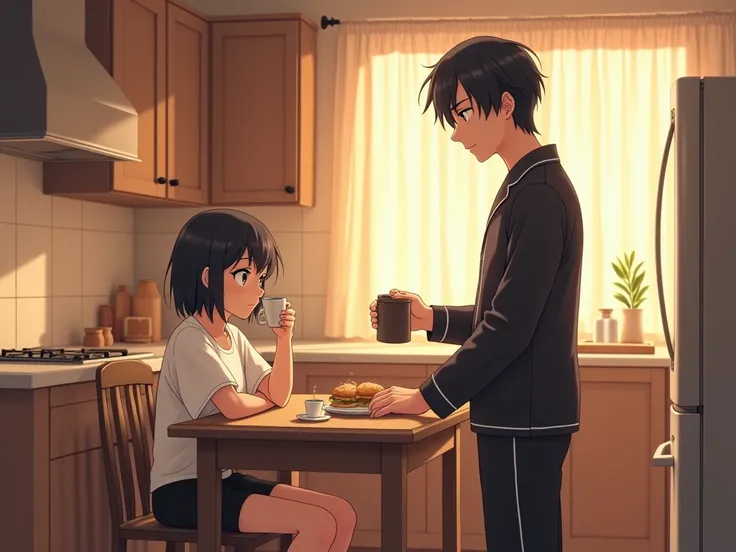  realistic anime style,  man with medium length black hair ,  slim figure wearing black pajamas preparing coffee and quiet standing in front of the stove ,  in a chair a woman with short black hair and white t-shirt and black shorts sitting drinking coffee...