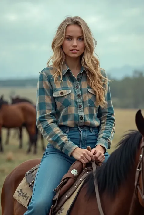 she is  wearing dirty cloths (blue buttoned plaid flannel shirt:1.1) and (blue pants:1.1), (boots:1.2), on the ranch, grey day, horses in the background, cinematic light, beautiful woman, skinny, large big breasts, blond wave hair, detailed face, facing th...