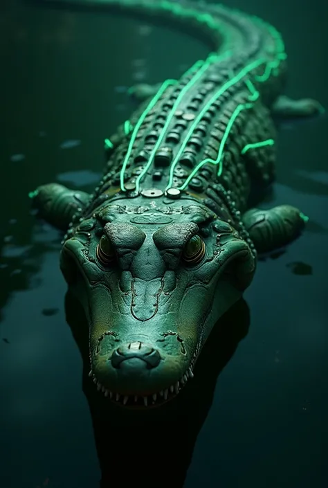 A steampunk crocodile with robotic body, green neon circuit lines around the body.. swimming inside the water..  Looking at viewer, High Resolution, Accurate, High Details, UHD, Textured Skin, Close-Up, Glowing Light, 