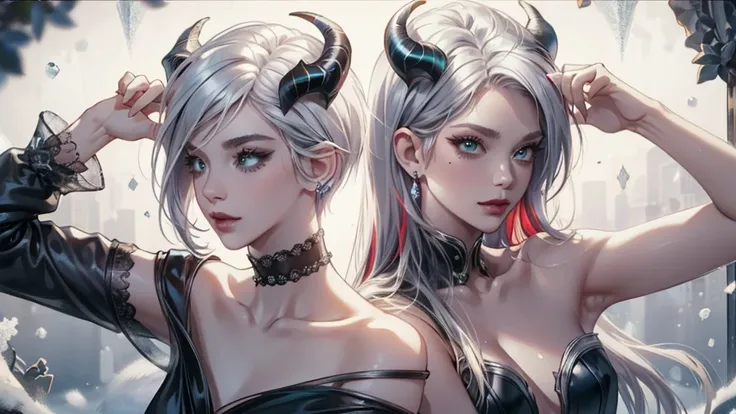 8k, masterpiece, best quality, highly detailed, 1 girl, devil, demon horns, warlock, pixie cut, white hair, multicolored hair, very short straight hair, red highlight hair on white hair, stippled hair, wearing glasses, round glasses, earrings, navel pierci...