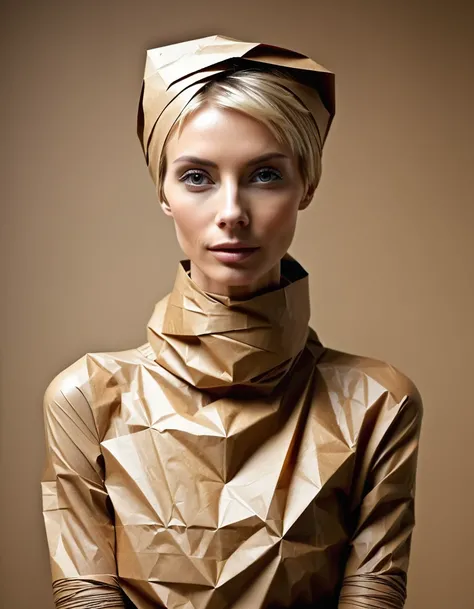 an extremely beautiful skinny blonde short-haired woman has been tightly wrapped into a helpless brown paper mummy, wearing a brown paper bag over her head, completely covered in brown paper, inside art studio, bright day, professional photography, 