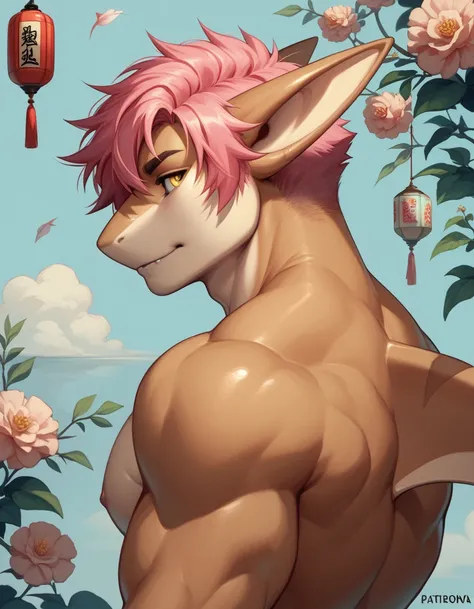 Solo, male, anthro kitsune shark, oriental, athletic, slim, beige body, pink hair, solo, male, shark, colored body,, yellow eyes, lean body, anthropomorphic shark , femboy, muscle, , long pink hair, bara, sexy , fursona reference, reference, correct anatom...