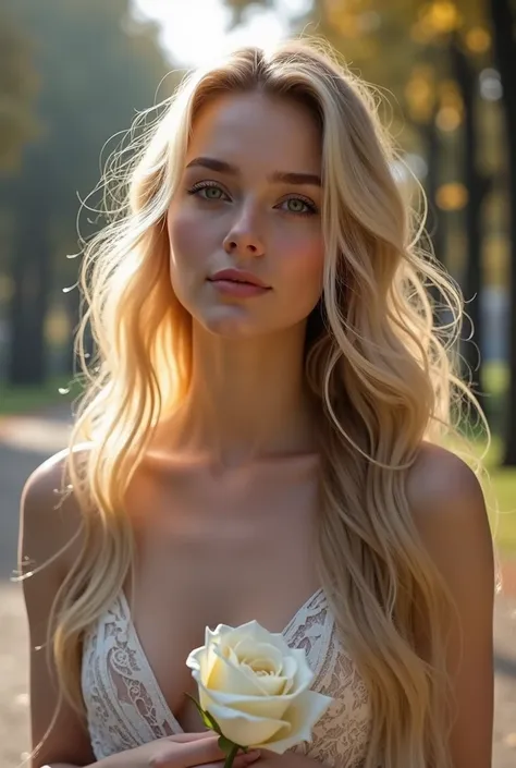 Photos hyper réaliste dune femme blonde avec des cheveux longs qui tient une rose blanche dans les mains se baladant dans un parc un matin de novembre 