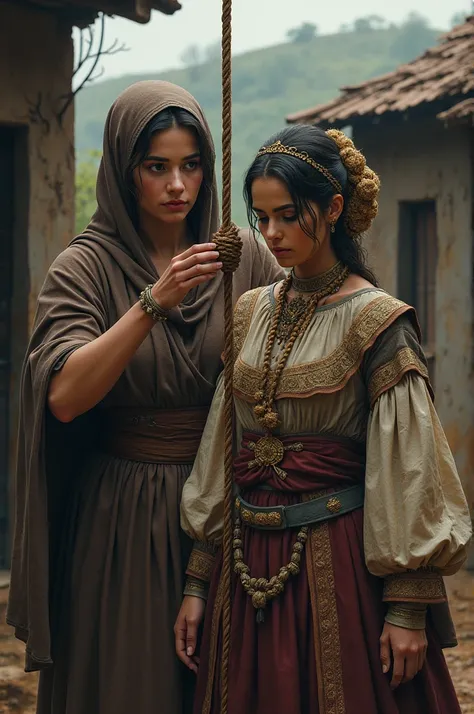 Traditional costume, 2 women, one with a thick rope around her neck, preparations being made to hang her