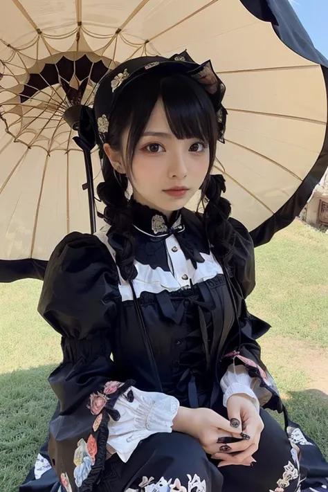  Japanese Woman Like An Idol ,Long Hair , straight hair, Round face , bust up with kneeling,(In a Gothic Lolita Aristocrat style: 1.4), (wearing dresses adorned with intricate Gothic art prints: 1.3), (and carrying enchanted parasols: 1.3), viewers, close-...