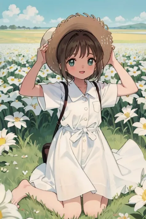  high resolution background , Beautiful background , cute,  girl,A flower field,  white camisole dress,Dark brown hair, short bob hair,barefoot,green eyes, white straw hat ,smile