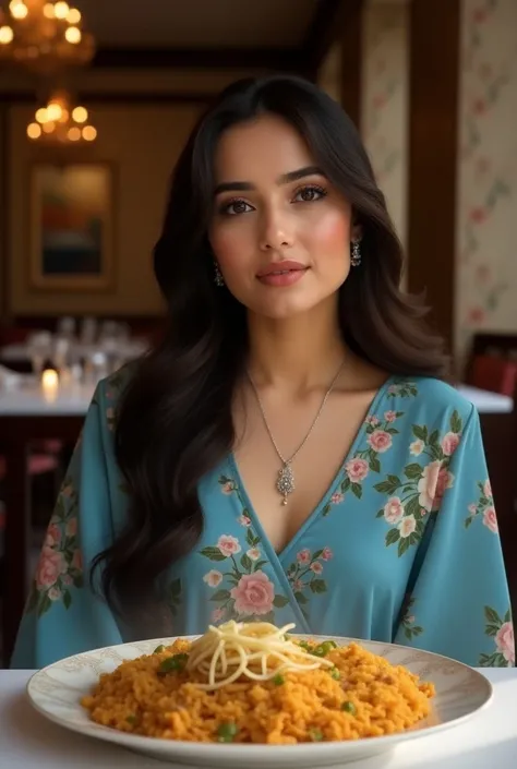 A beautiful Pakistani girl with fair skin, chubby cheeks and almond eyes, wearing a blue floral maxi dress with delicate silver jewellery, She has dark brown hairs, sitting in a fancy restaurant eating biryani