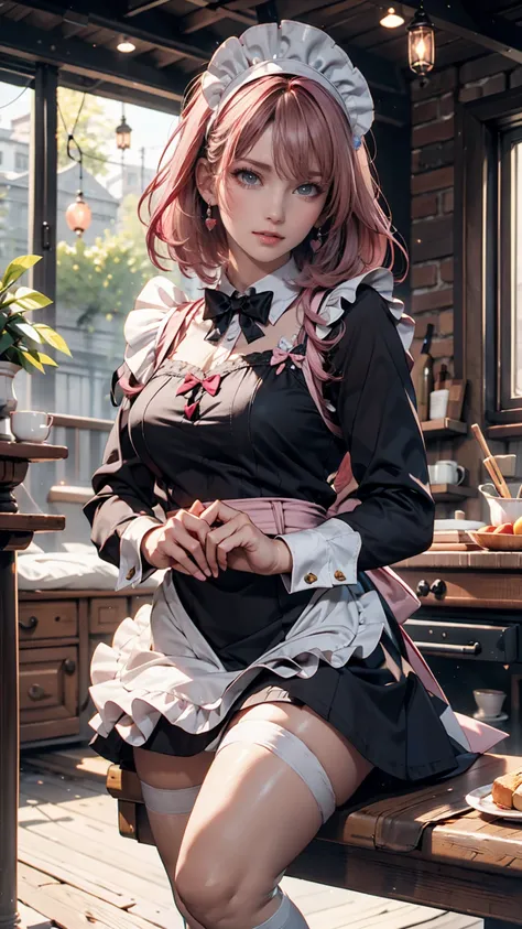  1 girl, apron, bow, cube Hair accessories,  dress, frills, dark (Performance), Hair accessories, heart, heart hands, Long Hair,  is looking sideways, Maid, Maid apron, Maid head dress, mary janes,  One side up,  Pink Hair, Shadowy Face, shoes, short  dres...