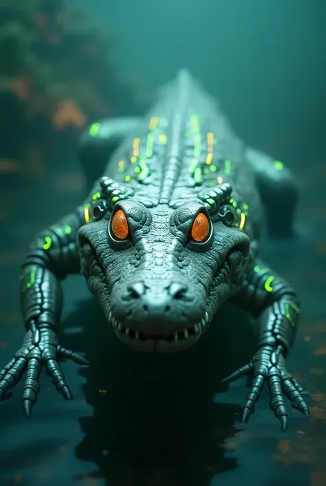 A crocodile cyborg with shiny iridescent silver robotic body, green neon circuit lines around the body.. swimming inside the water..  Looking at viewer, High Resolution, Accurate, High Details, UHD, Textured Skin, Close-Up, Glowing Light, futuristic. Steam...