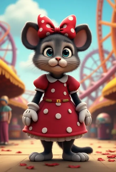 a cat standing, in Minnie Mouses costume, amusement park background, looking at the front, realistic