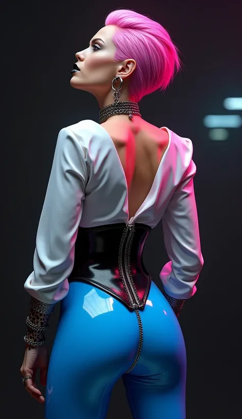 angelina jolie, vue de dos, latex brillant, dominatrice, chemisier en latex blanc, serre taille latex noir, taille fine et larges hanches, costume pantalon en latex bleu avec zip entre les fesses, ceinture latex noir, futuriste veste courte en latex rose f...