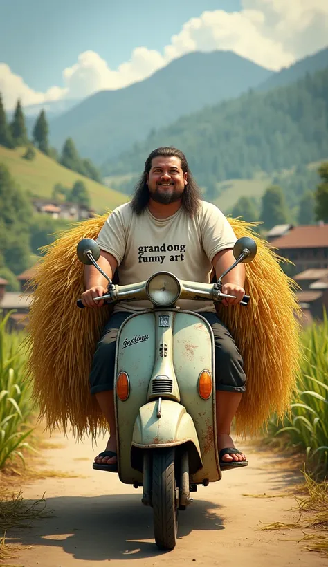 fat man, clean face, long straight hair, wearing a dull white t-shirt with the text "Grandong Funny Art" riding an old, rusty Vespa, carrying many bundles of rice on it, after the rice harvest, 480p, 4 8 0 p, trending at 8k, ! !! in the countryside with a ...