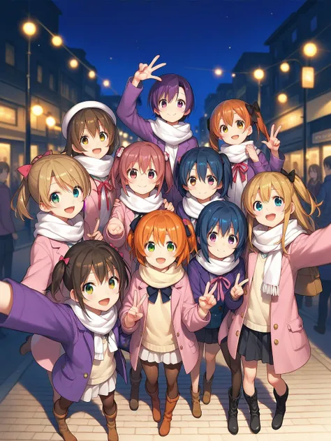 as many cartoon characters are standing together on a sidewalk on a street, kousaka honoka, ayase eli, scarf, 6+girls, minami kotori, multiple girls, smile, koizumi hanayo, blue eyes, yazawa nico, hoshizora rin, sonoda umi, blonde hair, nishikino maki, ope...