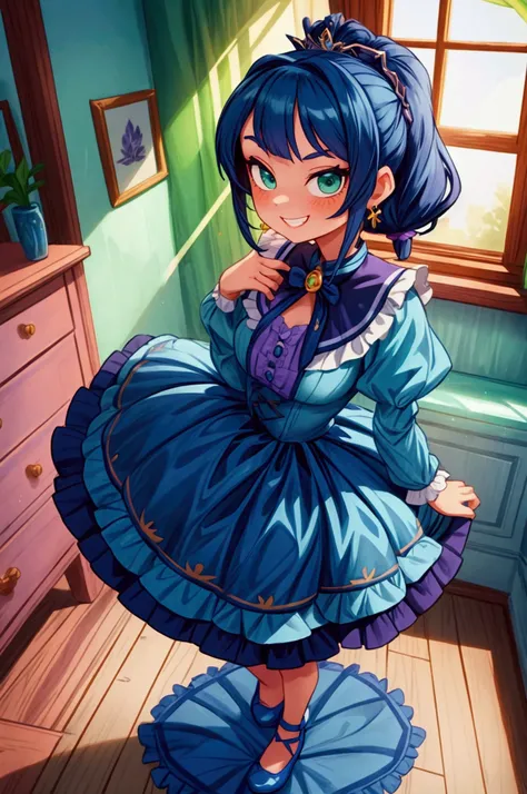 Masterpiece, best quality, 1 girl, dark blue hair, two ponytails in hair, green eyes, standing indoors with intricate details and sunlight. lavender frilled dress with short neckline, earrings, dark blue shoes, diadema. Mischievous smile, teeth showing, ba...