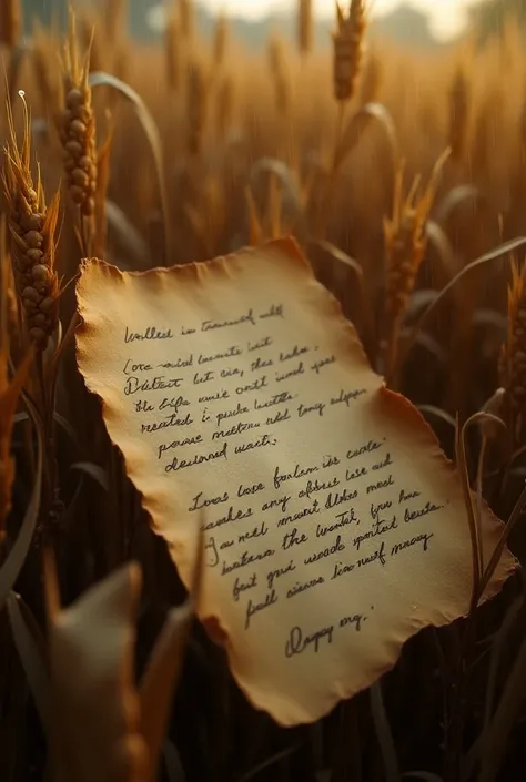 A cover of a letter soaking in the rain with a field of corn husks around it, inspired by the story “Love in the Cornhusks”