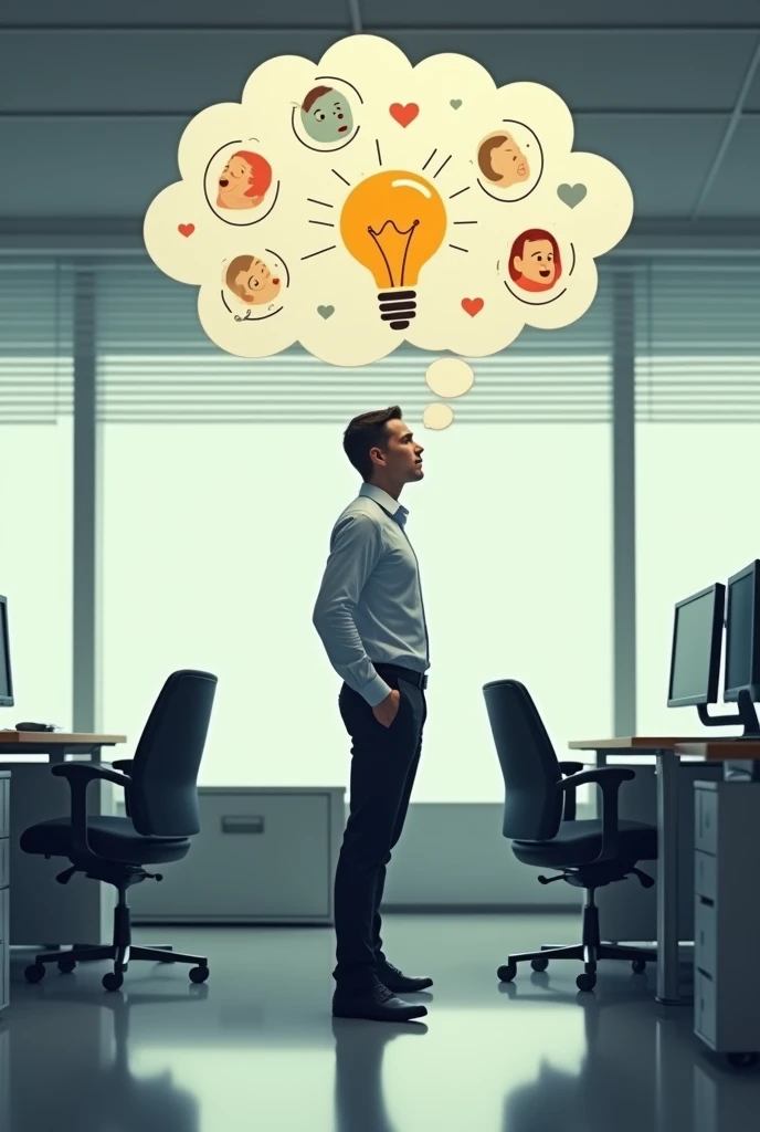 A picture of a person in a workplace setting with a thought bubble (representing emotional intelligence)