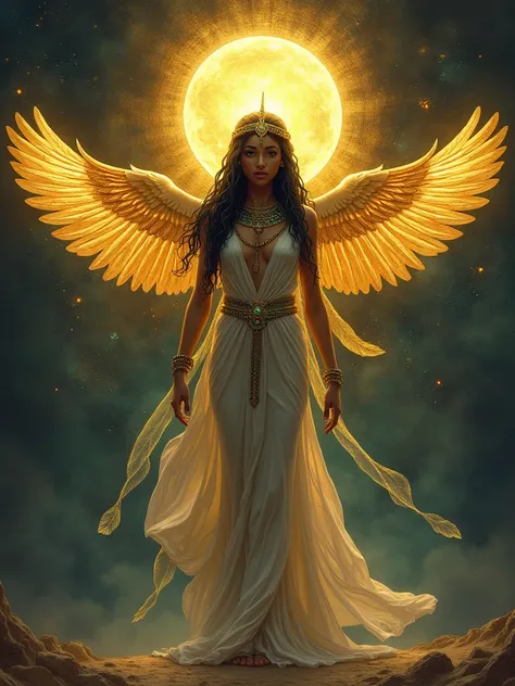 Ancient Egyptian goddess Isis with golden glowing halo, with intricately feathered wings outstretched, radiant with a warm, ethereal glow, gently guides a serene soul through the mystical, golden hieroglyphics and sacred symbols seem to whisper secrets, am...