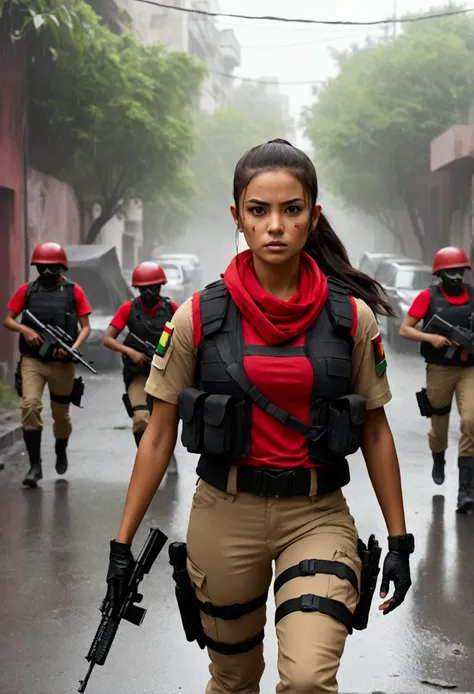   Mexican special forces with beige helmet , beige commando pants ,  black tactical vests , knee pads, black t-shirts with Mexican flag (solo soldier )  with rifles shooting at zombies while protecting the girl the girl vistedark skin .  She has dark brown...