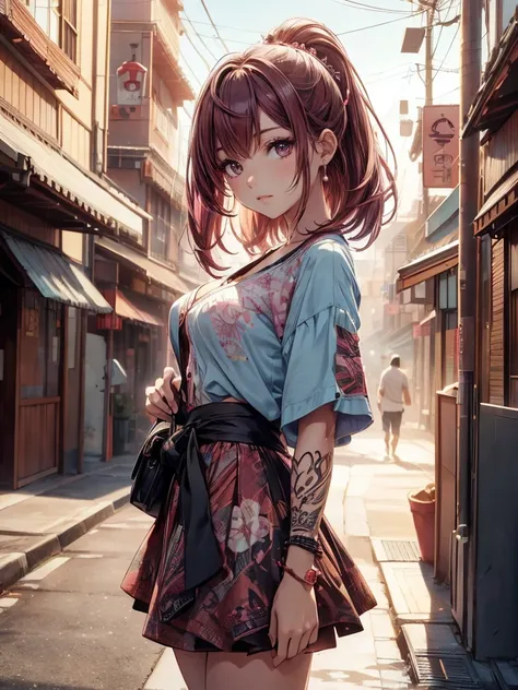 hermosa chica japonesa,   Pink and brown hair adds high definition_Detail:1,  tatuaje tribal add _Detail:1, en el infierno add _Detail, barefoot,  city, Evening, landscape, add _Detail:1 ,   skirt with saturated black belly button    , ( black blouse,   li...