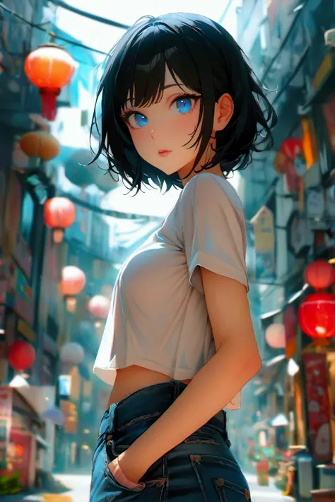 1girl, short black hair, blue eyes, wearing plain white shirt, denim shorts, city, absurdes, high res, ultrasharp, 8k, masterpiece, looking at viewer