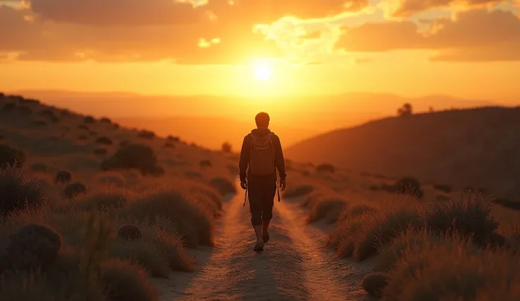 An inspiring scene of a solitary traveler on a long, winding path, surrounded by natures vastness, symbolizing a journey of self-discovery. In the background, a sunrise casts a golden glow, representing the journey toward personal growth and resilience. Th...