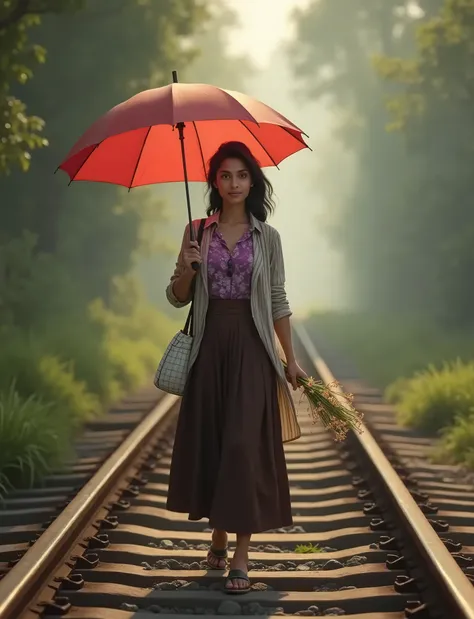 About 25 years old beautiful srilankan girl with white skin and she is wearing a dark brown pleated skirt and a purple floral top and a thin striped coat And she is carrying  a white checkered bag on your shoulder, a red drop-drop umbrella in one hand, and...