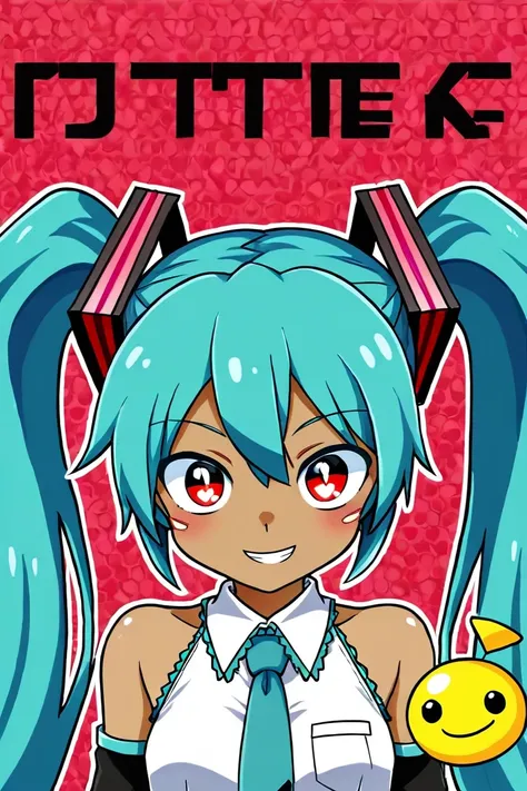 masterpiece, Hatsune Miku,  white shirt, Blue tie,  bare shoulders,  separated sleeve , Evil smiley face,  dark skin , Red Eyes,  black eyes, Pupil orange,