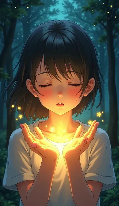 Now make me half of a girls head and the other half with the boys head closed his eyes and his hands raised in his hand a bright gold-colored light and the background of forest color at night with the stars that the light of the hand illuminate his anime-s...