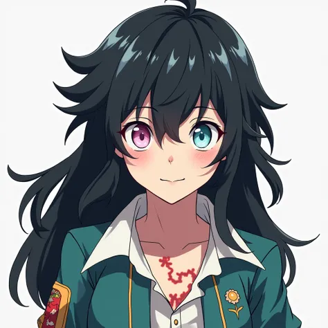 My Hero Academia style character ,  16 year old girl,  long black hair,  one eye is pastel pink and the other is pastel blue, He has a burn mark on his neck ,  full body ,  character style from the anime My Hero Academia 