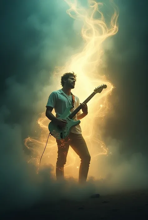 

a dreamlike illuminated scene of a man lost in playing a rock guitar, Music flows from his mind and body as ethereal, glowing waves, drifting upward in soft, swirling shapes. The man is enveloped in a radiant light, merging with the music itself, surroun...