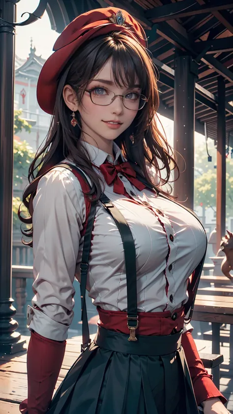 ((masterpiece, Best Quality)),  Aston Matchan (Horse Girl),, smile,  big breasts at the temple,  upper body, ,  long sleeve,  white shirt, frills,   green skirt , button,  black knee-highs,  suspenders, ,  wore glasses, Red-rimmed glasses, Red hat crown, ,...