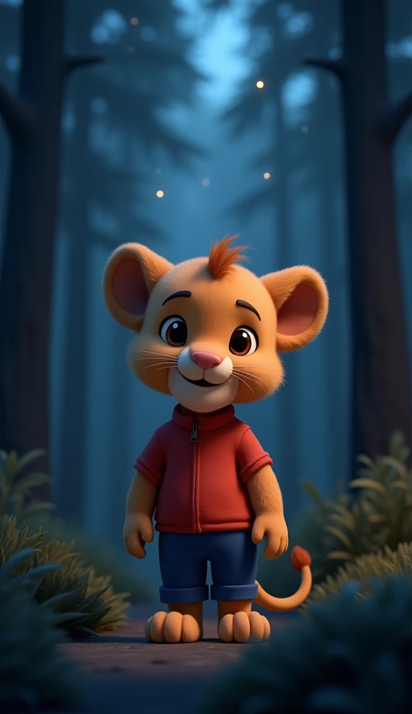 Create a image  of 3D animation cute baby lion, medium size brown hair wearing  a blue pent and red shirt.  night image,  

"The motorcycle suddenly speeding up on a dark forest road at night as the mysterious woman sits behind the young man, creating an a...