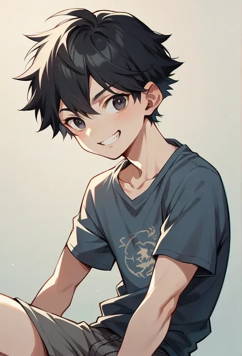 Semi-realistic anime Man black hair Light skin, dark gray shorts and a contagious smile .  pumped up body