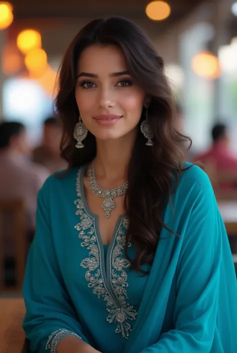 A beautiful Pakistani girl wearing a blue shalwar qameez with delicate silver jewellery, She has dark brown hairs, sitting on road side restaurant, realistic woman