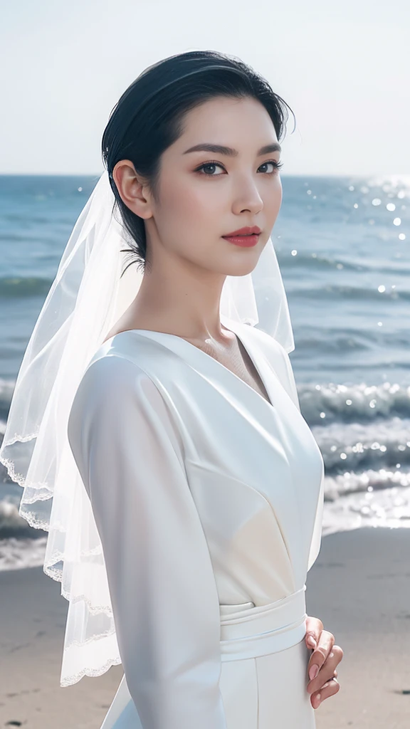 woman、Criminal、Age 35、((((Black medium length hair slicked back)))), (((( Pure White Wedding Dress)))), The background is a chapel with a view of the ocean、Oblique eyes、Beauty、 High image quality、masterpiece、If you look over here 、Alone、 anatomically accur...