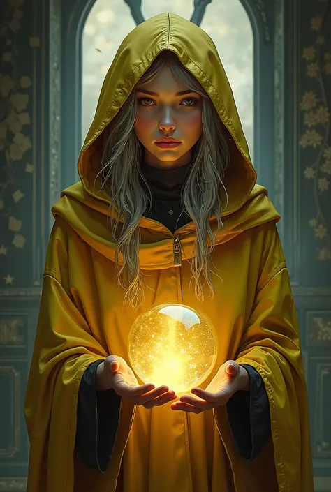 hooded yong Woman witch future seer witch adivination room crystal ball, dark yellow clothes, gray hair, old aged, art by artgerm and greg rutkowski and alphonse mucha and loish and wlop, artstation, illustration