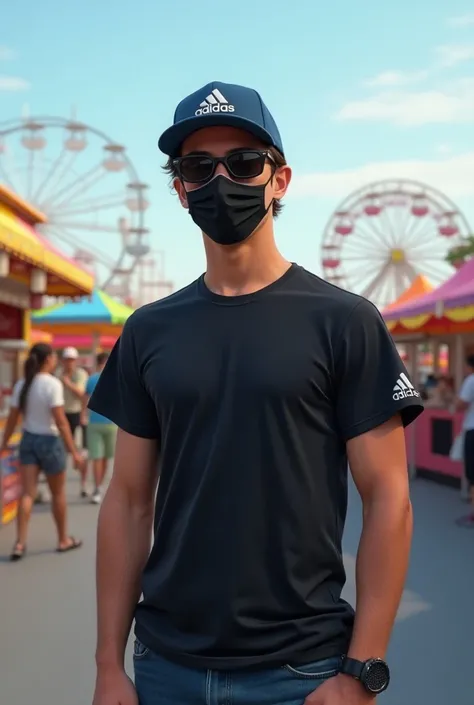 realistic young man white with Adidas cap and sunglasses with Adidas t-shirt blue jeans with black mask in the background the Santa Monica Fair