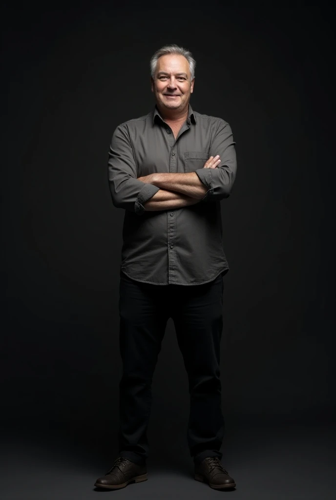 Front view of Otto Waalkes standing confidently. Dressed in casual clothes and shoes. Shot on Canon EOS 5D Mark IV DSLR in Studio with a simple dark background, Hyper realistic, high skin details.