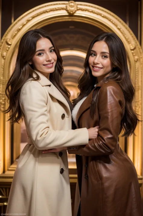 professional 8k portrait photo featuring two women, one showcasing argentinian beauty, brown hair billowing, leather coat, oppos...