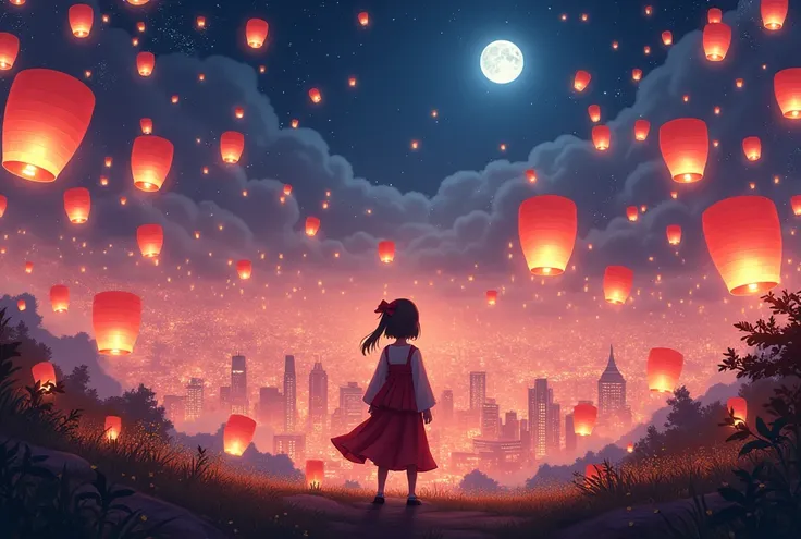 A beautiful, colorful festival scene with floating 100000000 lanterns, View from the top of the hill, the metropolis at night below, starry sky, full moon, clear skies, distant focus, wide-angle, back shot of 1 girl in traditional costume, floating lantern...