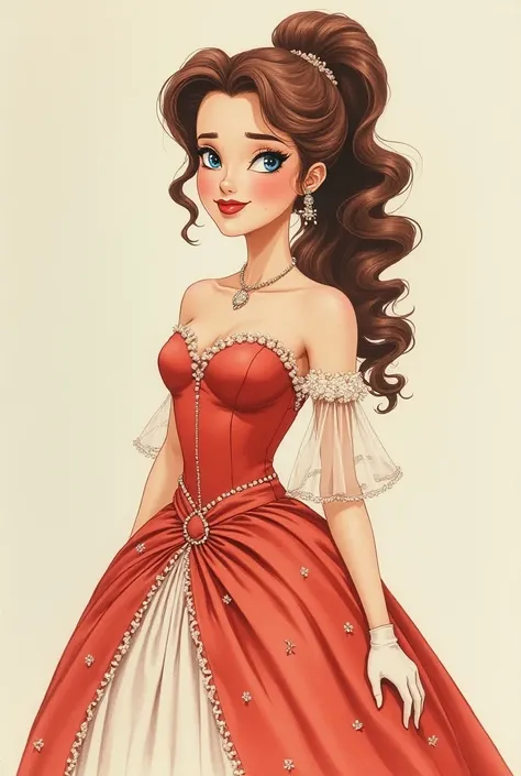 Vintage Aerith as glamorous vintage prom queen, with a huge curly 80s ponytail, pretty eyes, smirk, vintage prom dress, bustle, skirts, taffeta, prom, legendary, heroic, historical, fantasy art, concept art, watercolor