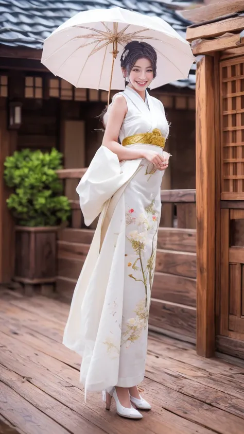 photorealistic full hd full body of a Japanese woman smiling shyly but her teeth are not visible wearing Japanese traditional clothes a little wet from the rain her body is a little fat and is standing gracefully in front of a Japanese temple, dynamic acti...