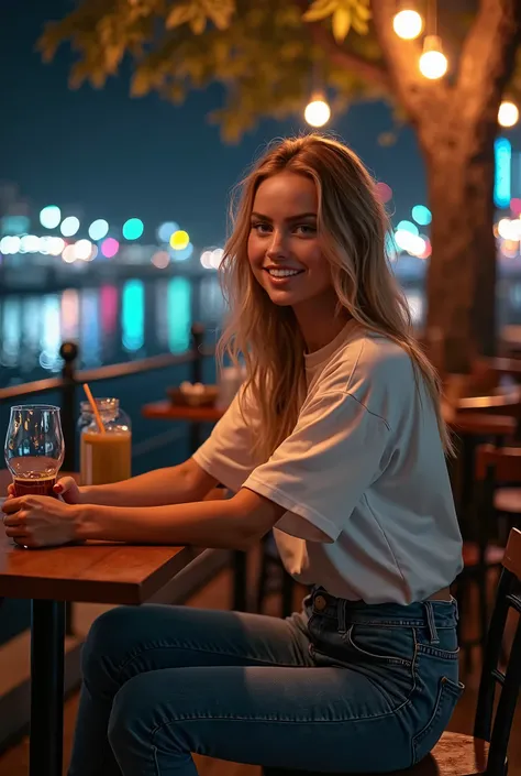 Foto hiperrealista en primer plano de Emily Sears, masterpiece, best quality, (photorealistic:1.4), full body,  (white oversize male t-shirt:1.1), (blue jeans:1.2), brown sandals, sitting in caffe shop at the table, seen on  the riverbank, river shore, sum...