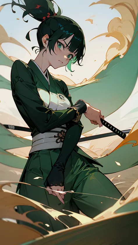 ランタンが浮いている, Roronoa Zoro, 2 people ,女になった  Roronoa Zoro, Anime "(One peace",) ,With sword,  and look at the audience ,  short hair,  Long Sleeve  ,  green pirate suit jacket with floating lanterns,  Partes Superior Do Colpo  , Arma,  focus on women , kimon...