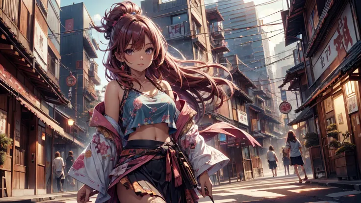 hermosa chica japonesa,   Pink and brown hair adds high definition_Detail:1,  tatuaje tribal add _Detail:1, en el infierno add _Detail, barefoot,  city, Evening, landscape, add _Detail:1 ,   skirt with saturated black belly button    , ( black blouse,   li...