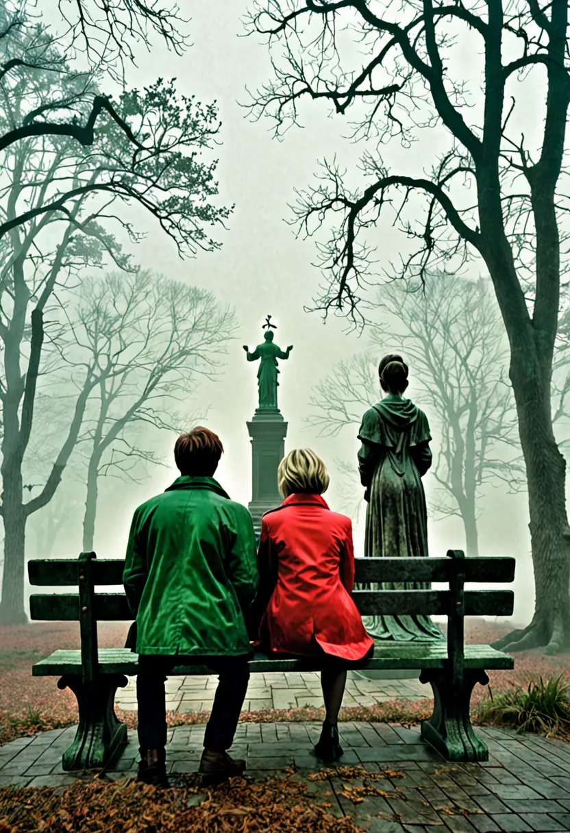 in the eerie, fog-shrouded atmosphere of silent hill 2, a man in a green jacket and a woman in a red jacket sit together on a wo...