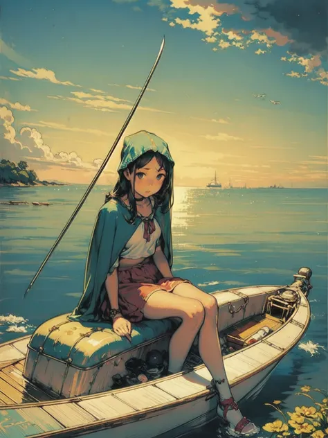 girl sitting on a boat, Fit the sword exactly , Cape, Lonely,  Hi-Res, Sea of Stars, Vista, Romance, Smallness