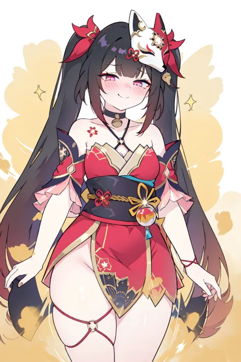 1girl, a girl standing with her finger on her own mouth, sparkle \(honkai: star rail\), small breasts, twintails, hair ornament, solo, off shoulder kimono, mask on head, detached sleeves, choker, obi, (glove), wristband, criss-cross halter, thigh strap, blush, upper body, (finger on own mouth) looking at viewer, gasping, ecstasy, seductive smile, wicked smile, smug, white background, masterpiece, best quality.  velocIty)),Yellow smoke,Attacked by farts, ((sparkle stand)),velocIty,(Yellow smoke Is rIsIng) sparkle smells a fart and smIled frowned)),((fart whIle traInIng)),((blushIng)),(​masterpIece:1.2、top-qualIty)