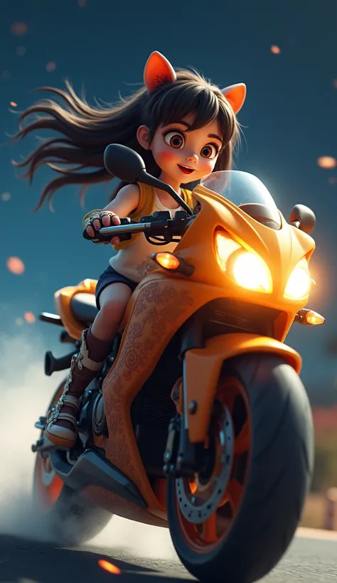 Create a image  of 3D animation cute baby lion, medium size brown hair wearing  a blue pent and red shirt.  night image,  

 

A young girl sits on a  lion-themed motorcycle, and as soon as she revs it up, the bike takes off at lightning speed. The wind ru...