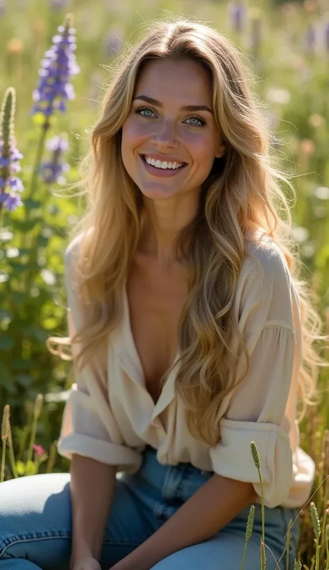 fairy tale beautiful woman, long dark-blonde hair, light-blue eyes, full lips, fair complexion, smiling at the viewer, sitting on the ground, leaning forward, loose fitting unbuttoned open blouse, silk blouse, jeans, hot summers day, overgrown field of flo...